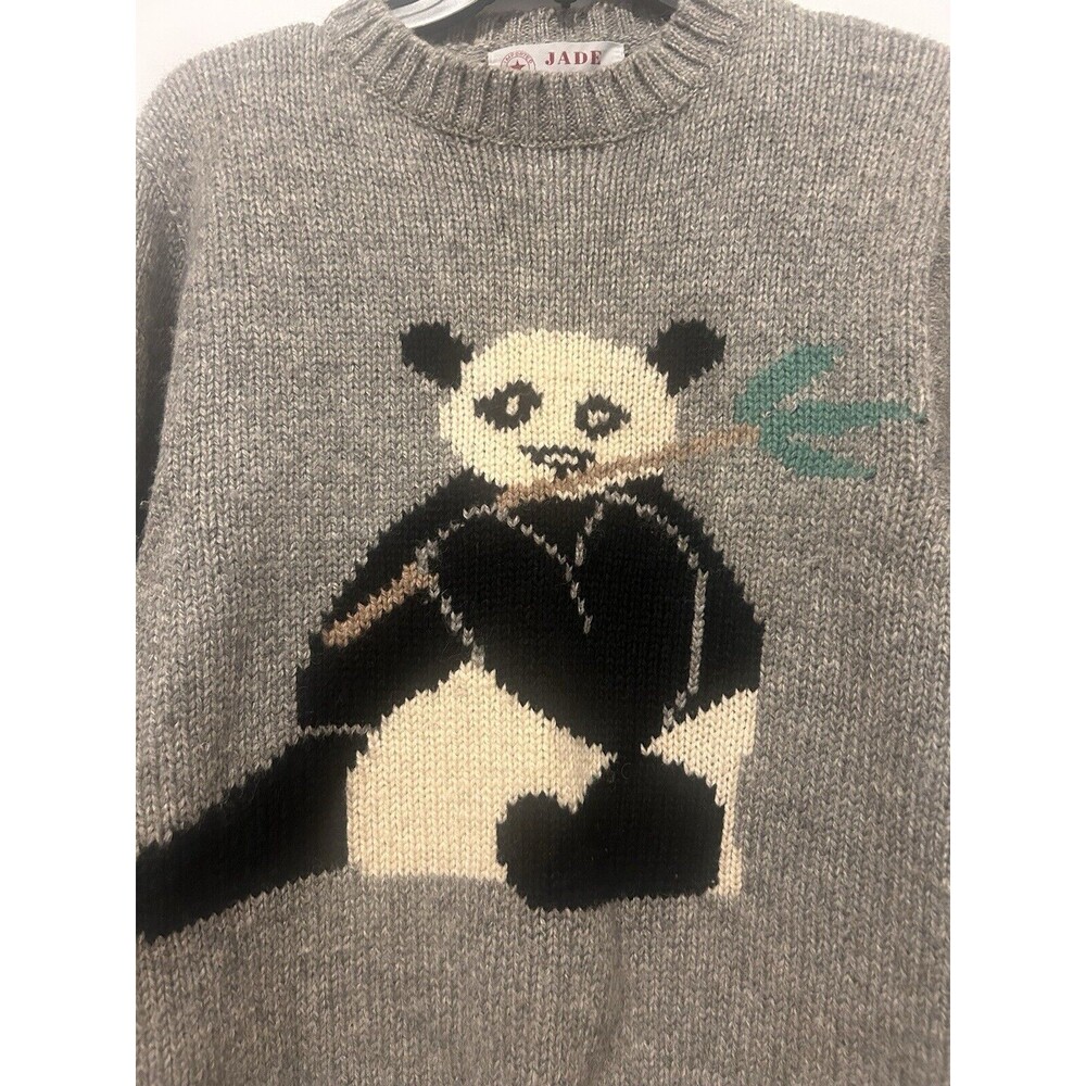 Jade 100% Shetland Wool Panda Sweater Crewneck Pullover Gray Size Small Vintage